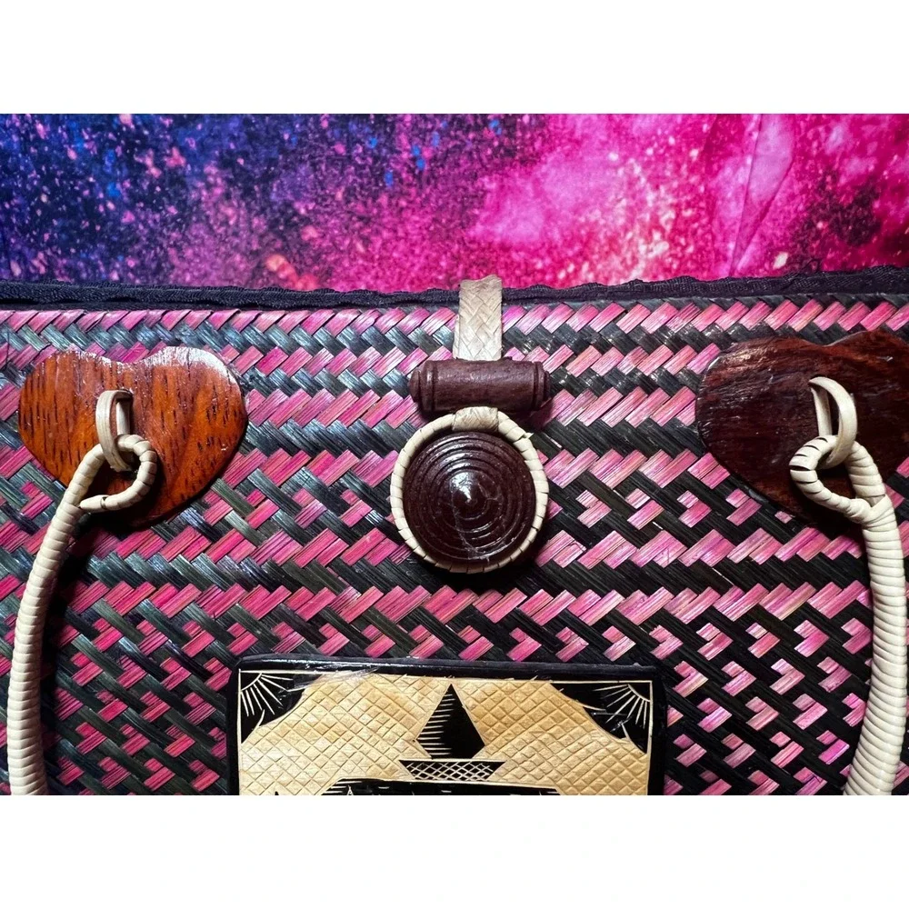 Vintage Laos Handwoven Straw Handbag Pink Black Woven Souvenir Tote Bag